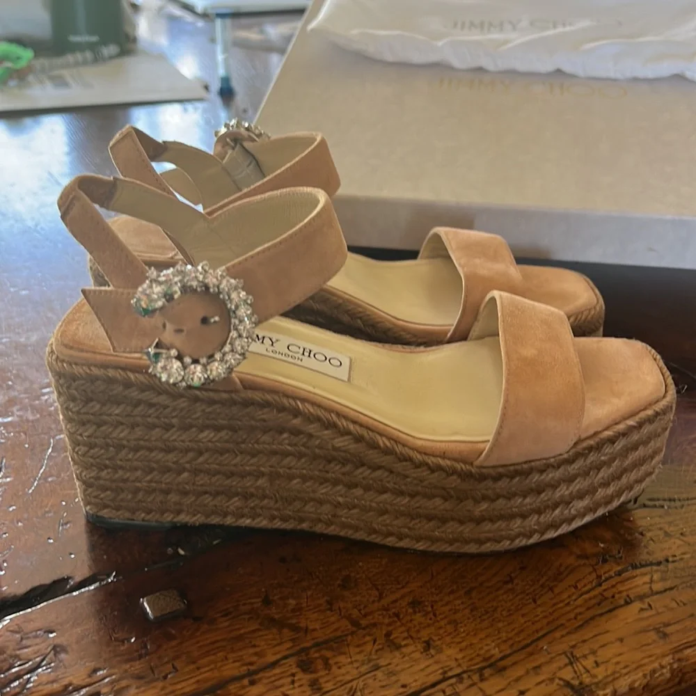 Jimmy Choo Beige Suede Espadrille Wedge Sandals with Crystal Buckle
